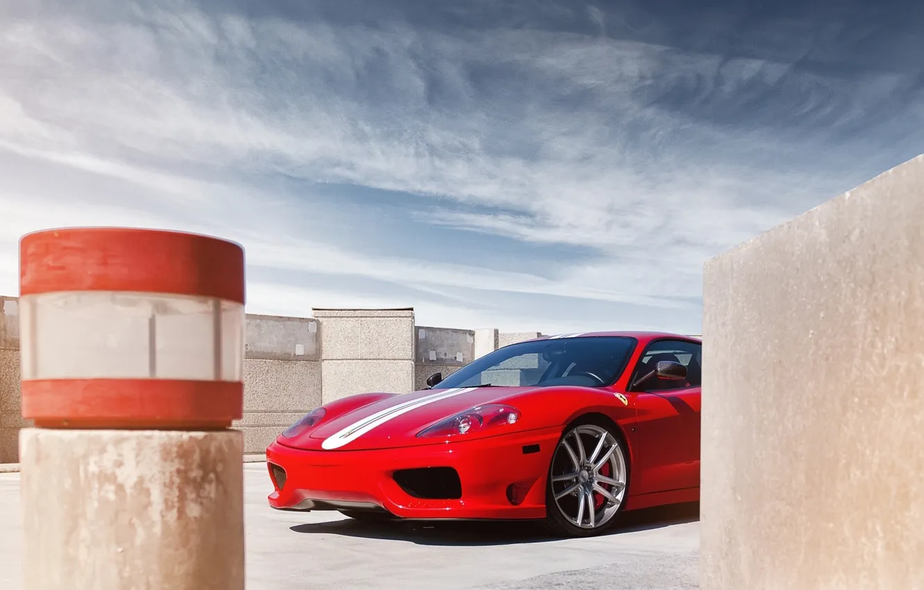 Фото обои небо, красный, Феррари, Ferrari, суперкар, 360, передок, Challenge Stradale