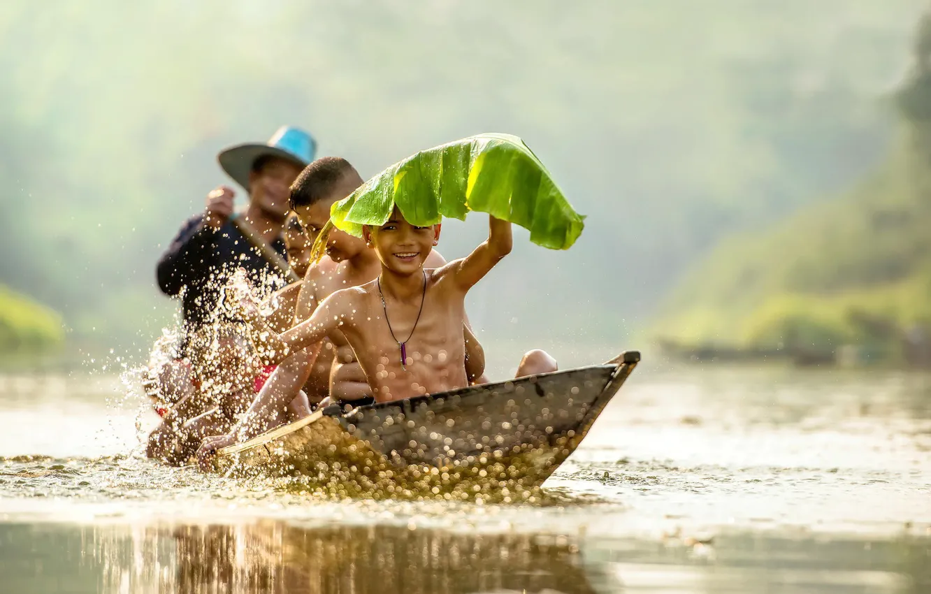 Фото обои дети, лист, река, лодка, смех, Вьетнам, river, улыбки