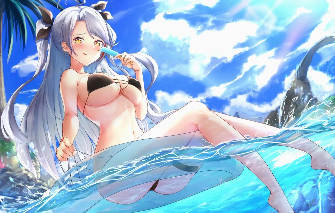 Фото обои long hair, anime, big boobs, ice cream, bikini, yellow eyes, anime girls, micro bikini