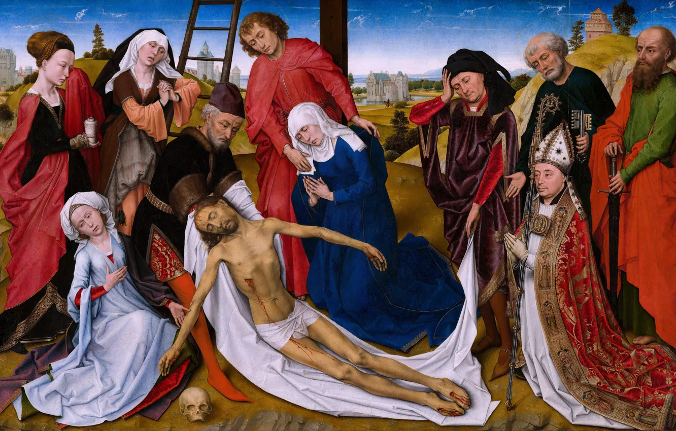 Фото обои Иисус, Люди, Картина, Rogier van der Weyden, Рогир ван дер Вейден, Оплакивание мертвого Христа, Нидерландский …