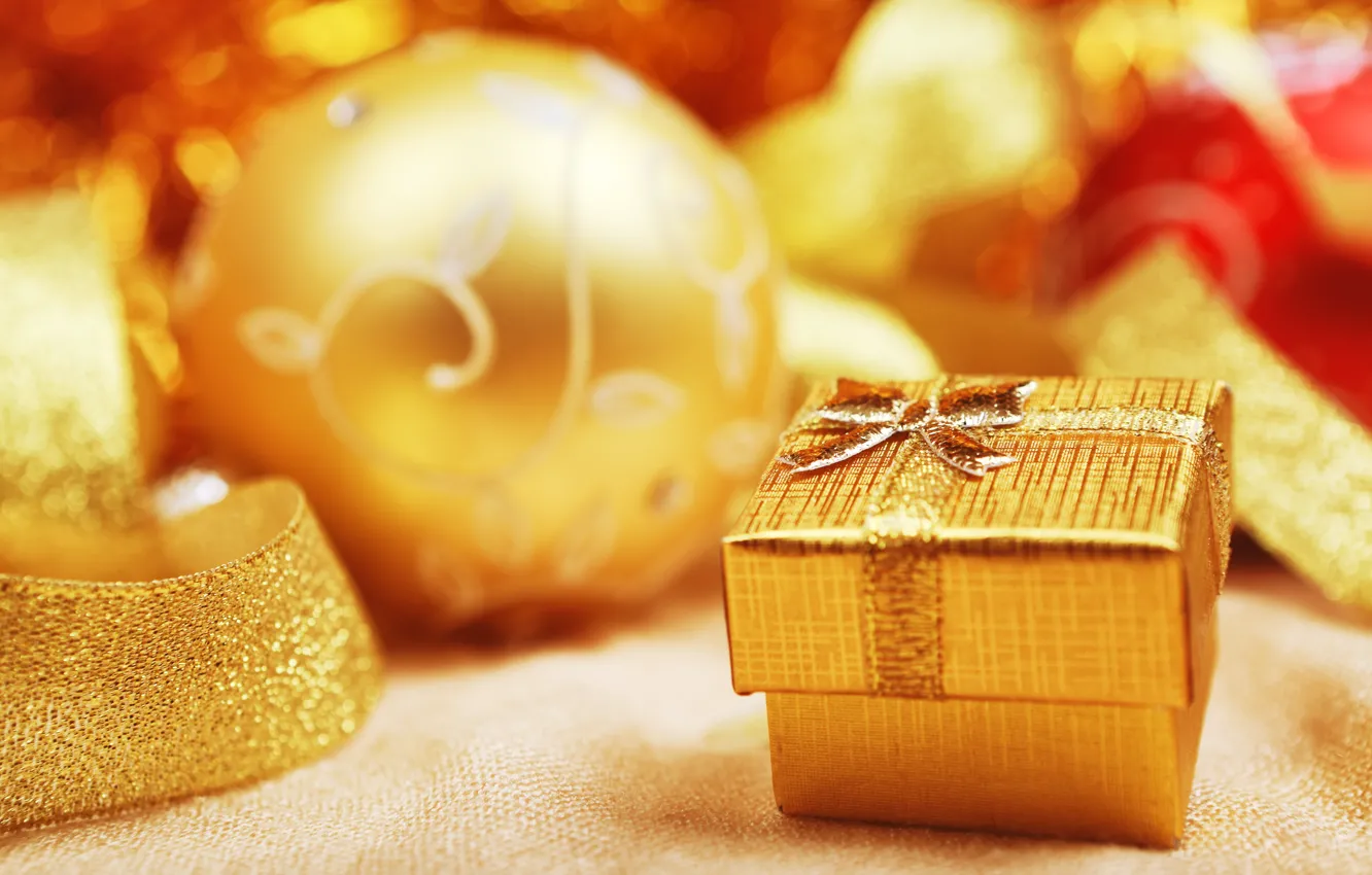 Фото обои зима, шарики, праздник, коробка, подарок, шары, Новый Год, Рождество