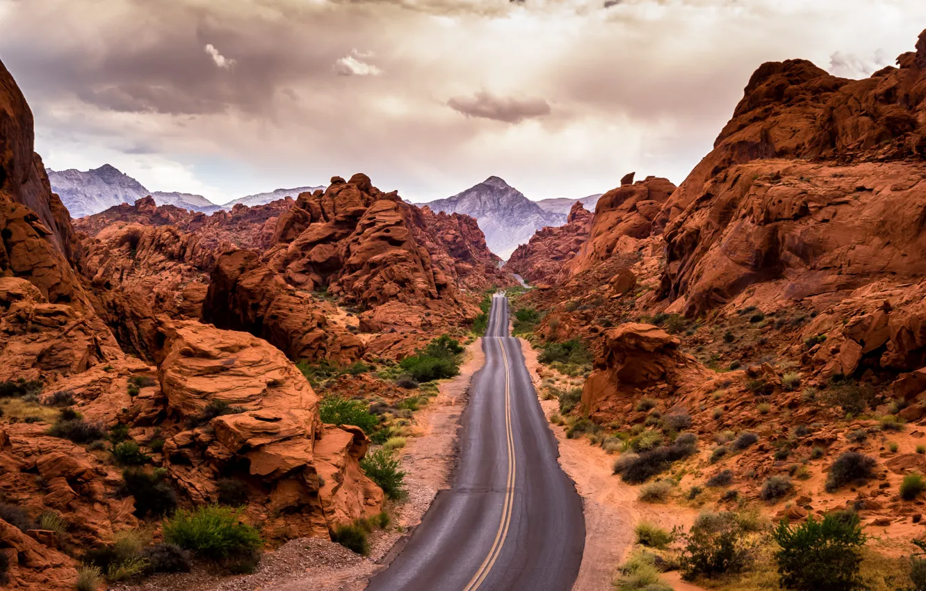 Фото обои дорога, облака, пейзаж, горы, природа, долина, США, Невада