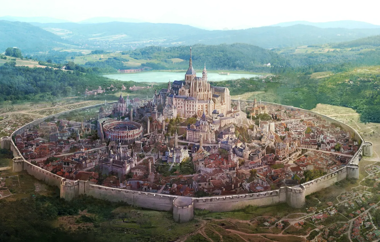 Фото обои пейзаж, горы, город, замок, стена