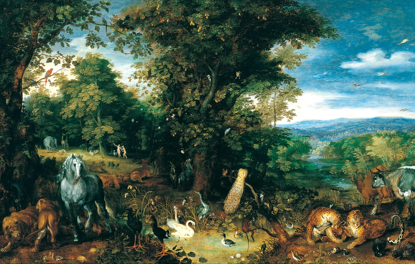 Фото обои животные, рай, картина, мифология, Ян Брейгель Старший, Эдемский Сад
