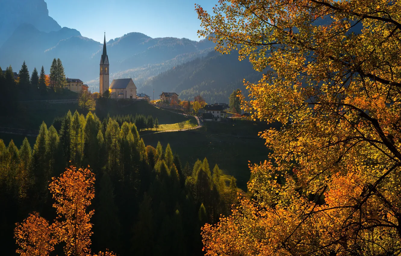Фото обои осень, пейзаж, горы, природа, холмы, село, дома, Италия