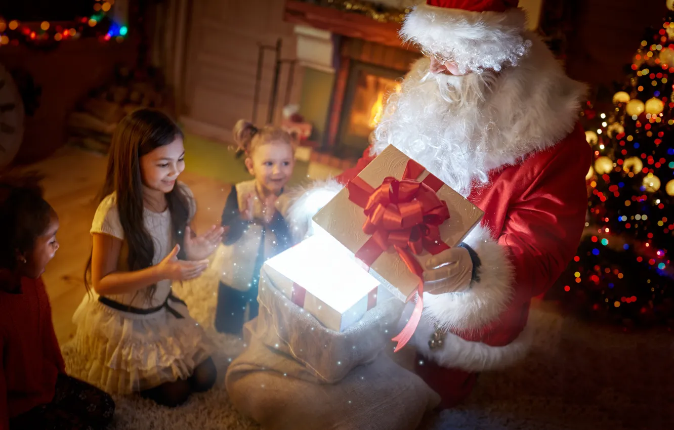 Фото обои зима, ночь, дети, подарок, волшебство, девочки, елка, Новый год