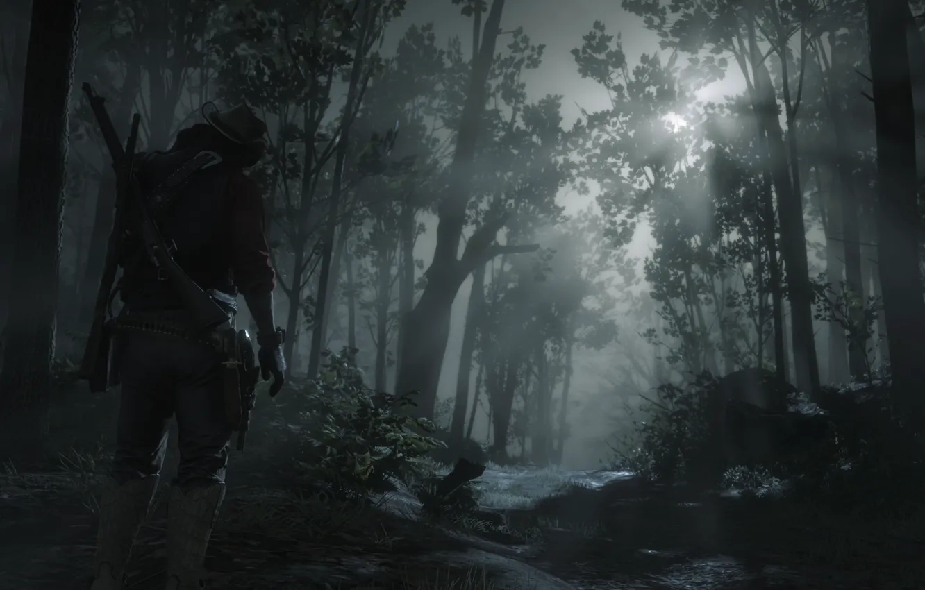 Фото обои Moon, Wood, Tree, Night, Game, John Marston, Xbox one, Red Dead Redemption 2