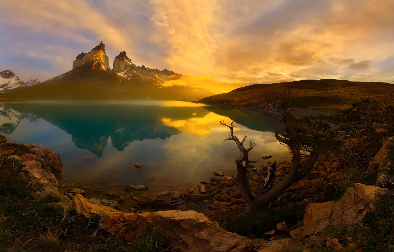 Фото обои утро, Чили, Южная Америка, Патагония, горы Анды, национальный парк Торрес-дель-Пайне