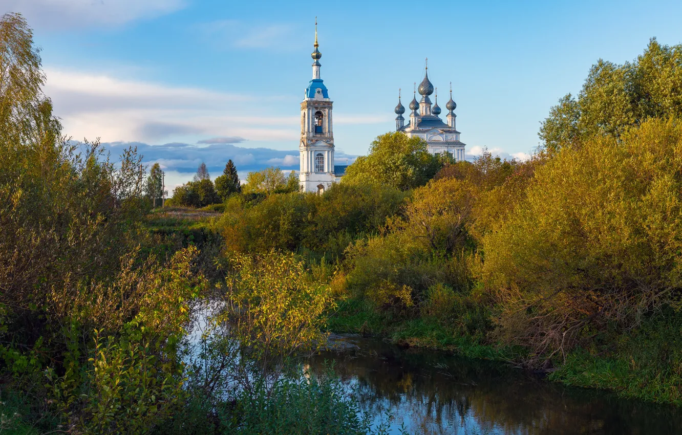 Фото обои осень, церковь, речка, Ярославская область, Савинское, Andrey Gubanov