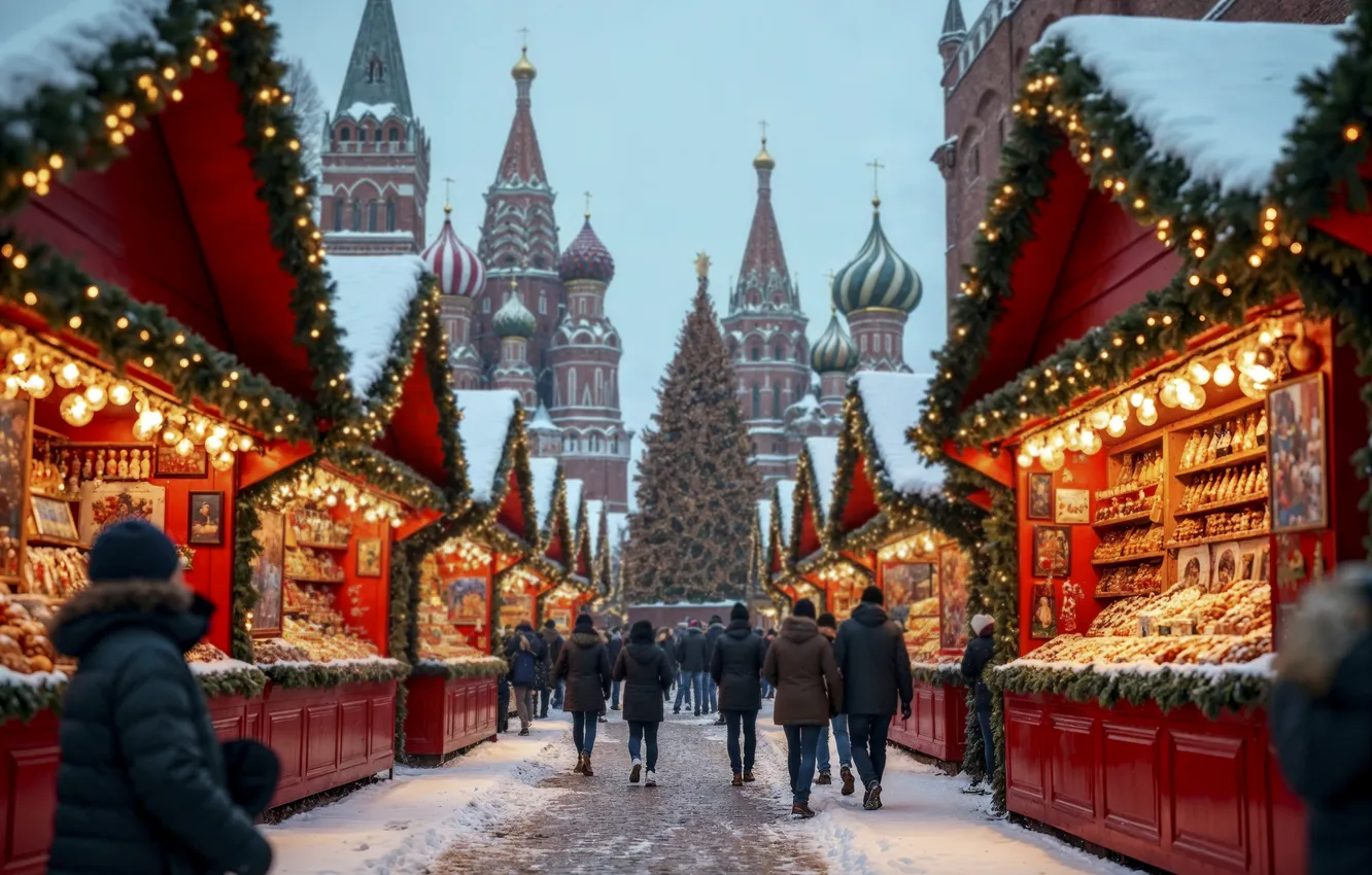 Фото обои украшения, city, город, улица, Рождество, Москва, Новый год, christmas