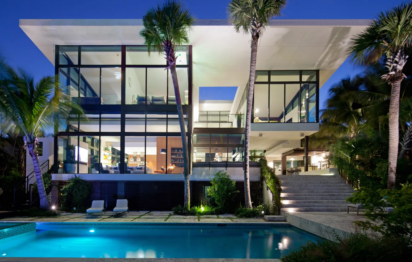Фото обои пальмы, вилла, вечер, бассейн, освещение, Miami, outside-inside house, Coral Gables House