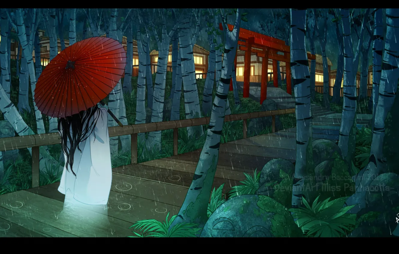 Фото обои капли, дождь, женщина, дома, вечер, зонт, Япония, мостки