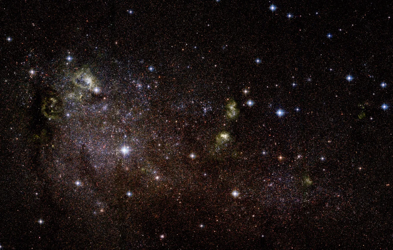 Фото обои Stars, Galaxy, Starburst galaxy, IC 10, Irregular galaxy, Gas clouds, Star formation regions, Constellation of …