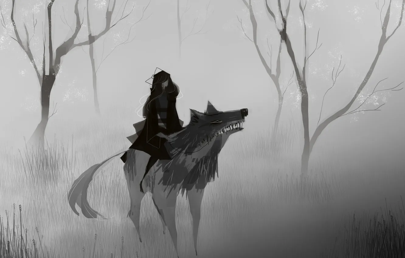 Фото обои холод, хищник, пасть, клыки, оскал, черно-белое, Красная Шапочка, Серый Волк