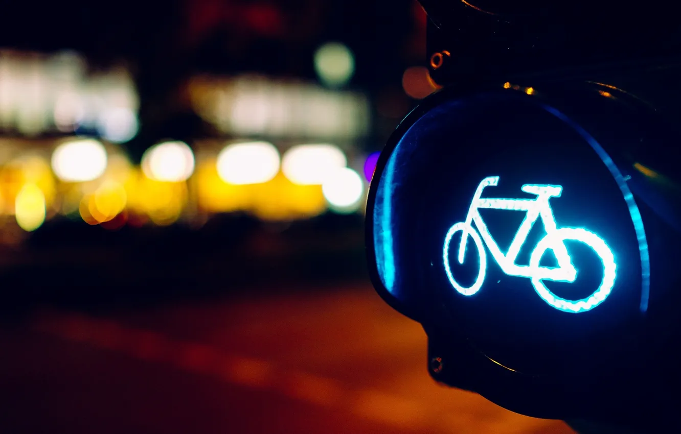 Фото обои дорога, макро, свет, велосипед, огни, фон, голубой, знак
