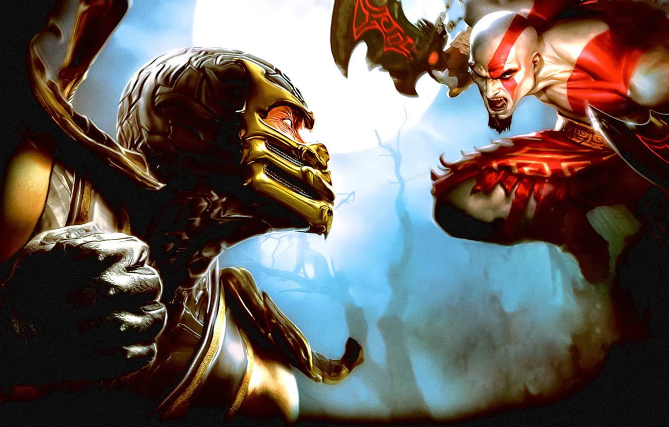 Фото обои kratos, scorpion, mortal kombat, fighting
