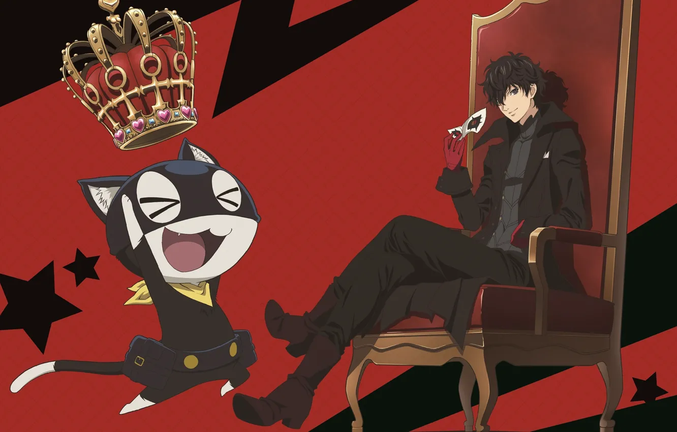 Фото обои кот, кресло, корона, маска, Джокер, парень, трон, Persona 5