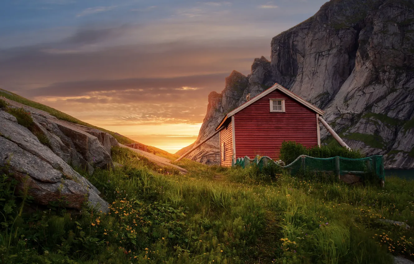 Фото обои дом, скалы, рассвет, утро, Норвегия, Norway, Лофотенские острова, Lofoten Islands