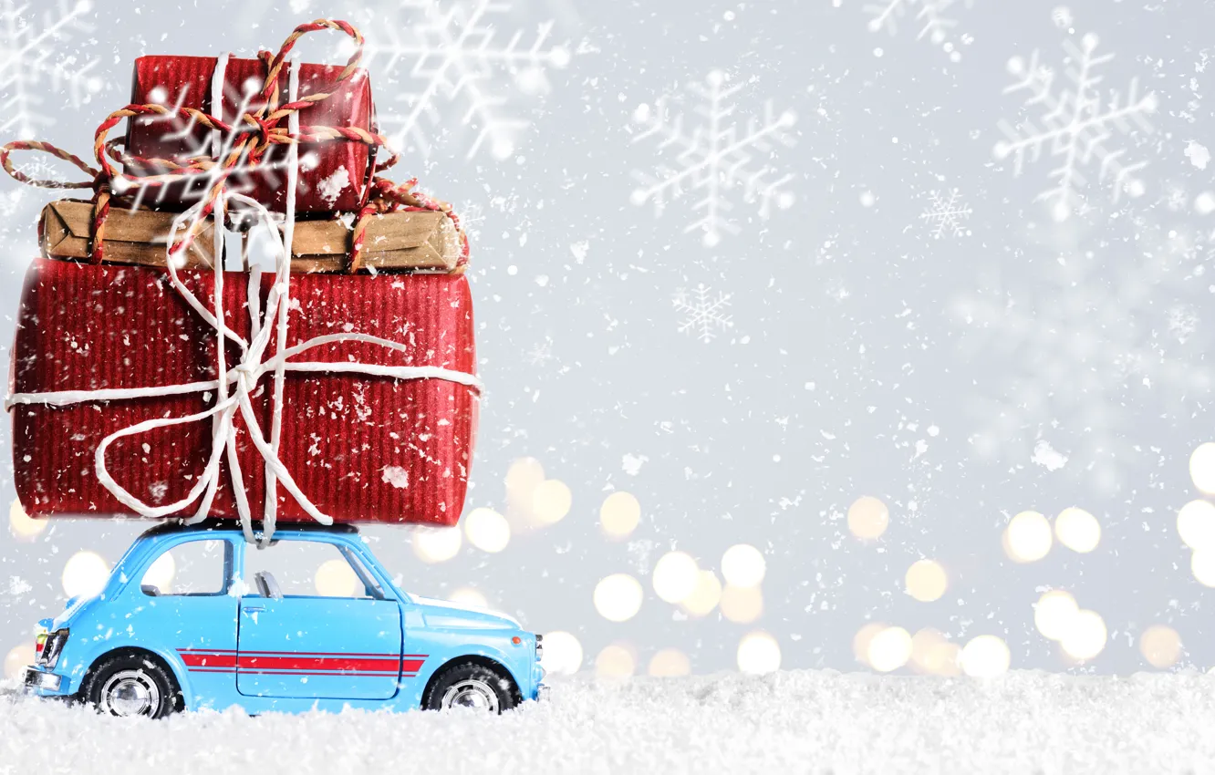 Фото обои car, снег, Новый Год, Рождество, подарки, Christmas, snow, Merry Christmas