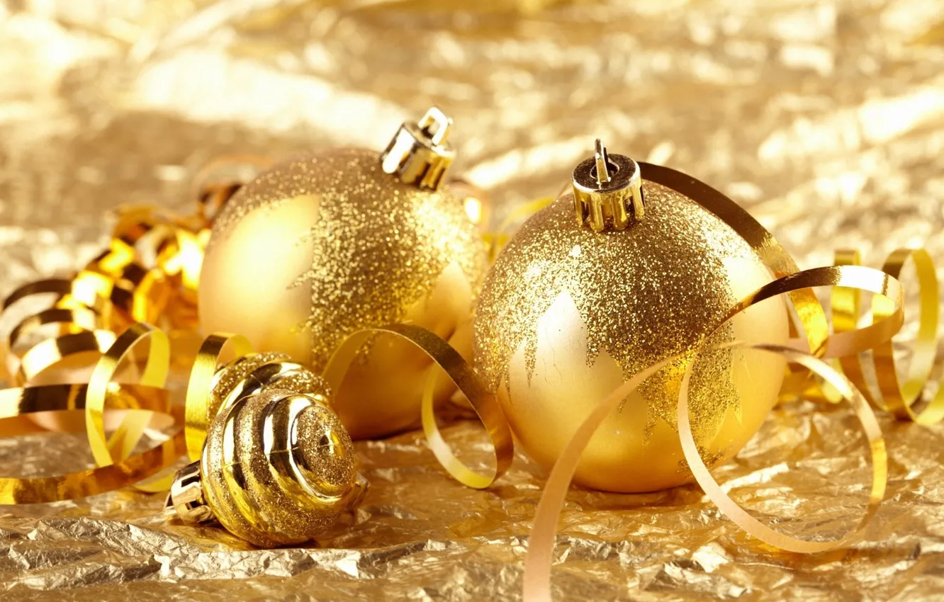 Фото обои шарики, украшения, золото, праздник, обои, игрушки, блеск, рождество