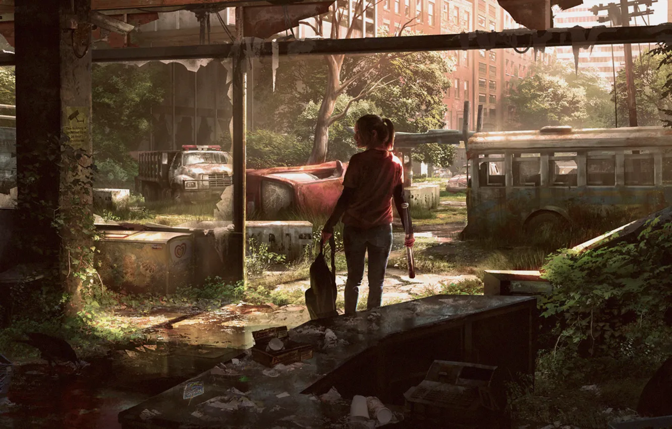 Фото обои машина, город, арт, девочка, автобус, элли, The Last of Us