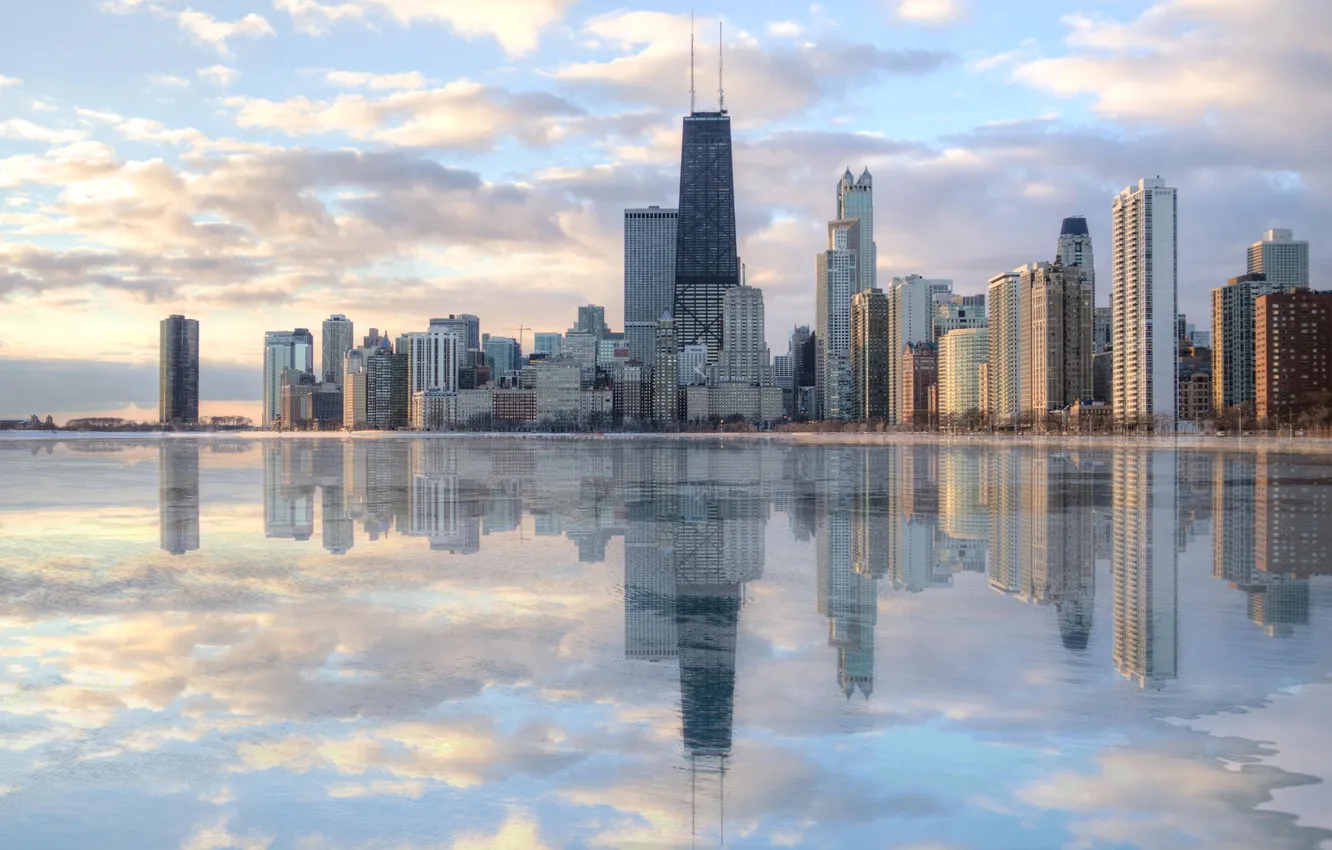 Фото обои вода, город, отражение, Чикаго, Небоскребы, США, Америка, Chicago