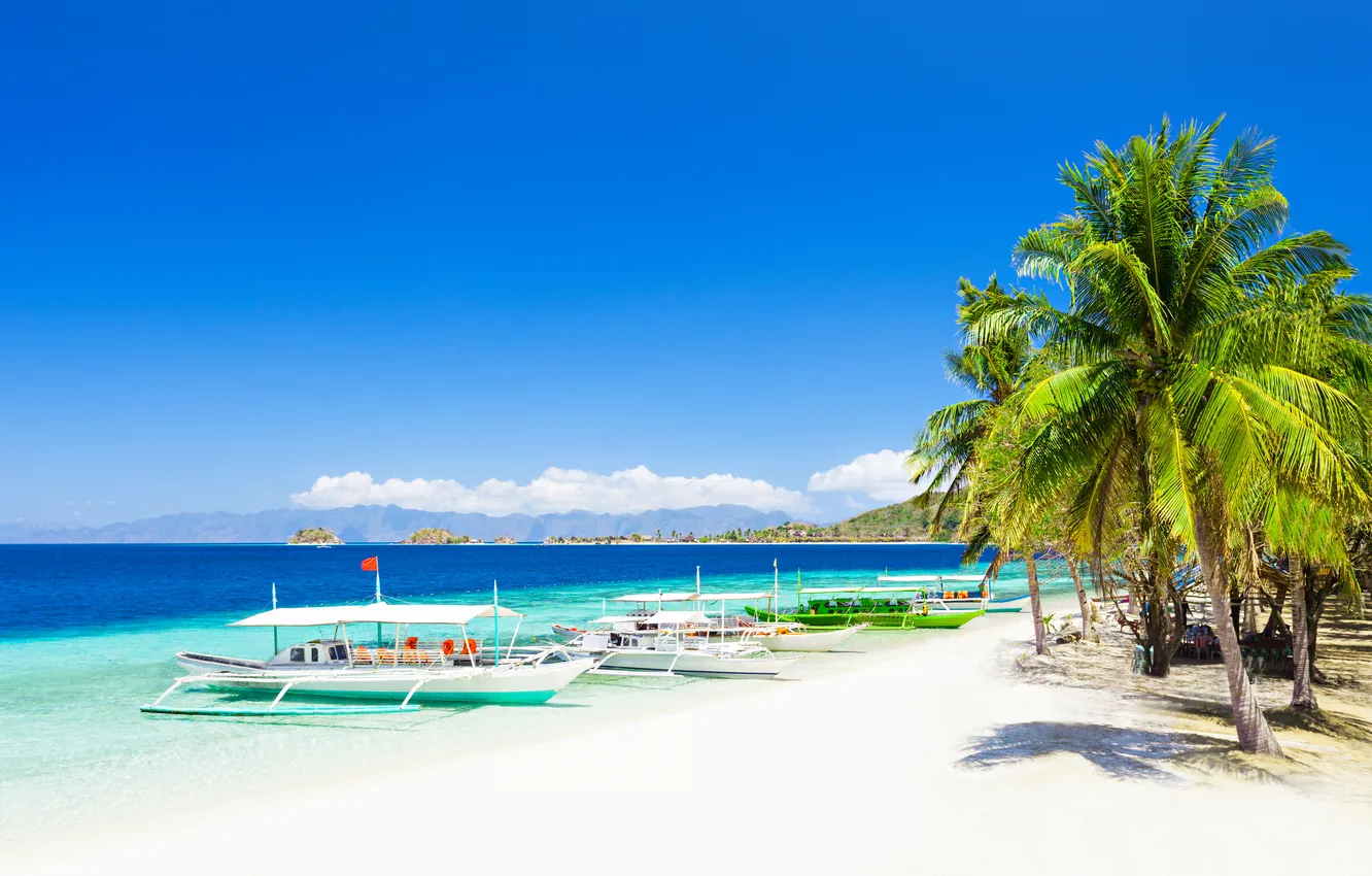 Фото обои море, пляж, пальмы, побережье, лодки, beach, coast, palm trees
