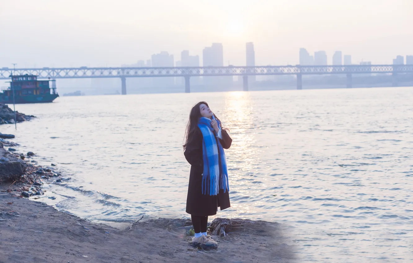 Фото обои Misty, Beautiful, Asian, Model, Bridge, Water, Woman, Sea