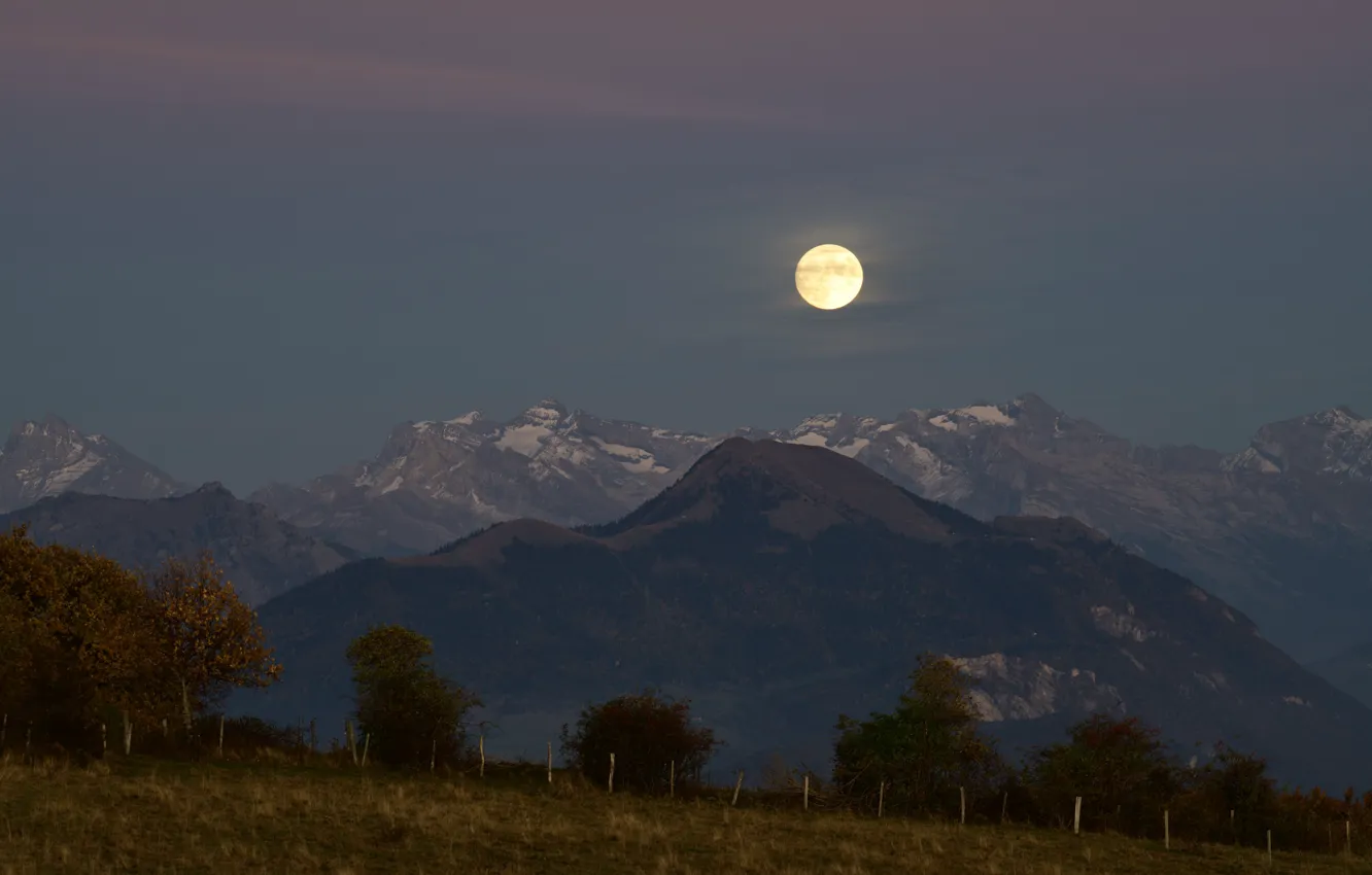Фото обои горы, ночь, луна