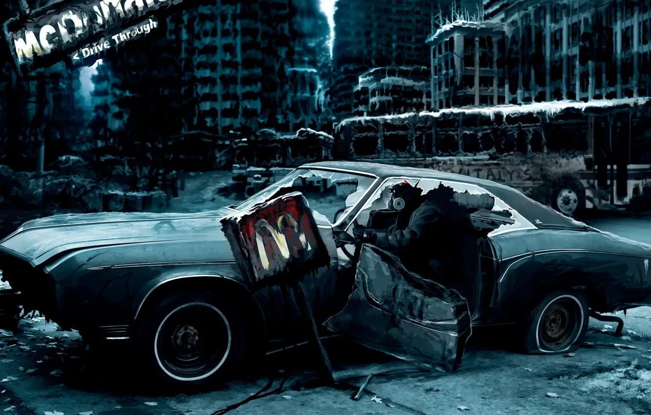 Фото обои город, апокалипсис, человек, Машина, противогаз, вывеска, Romantically Apocalyptic