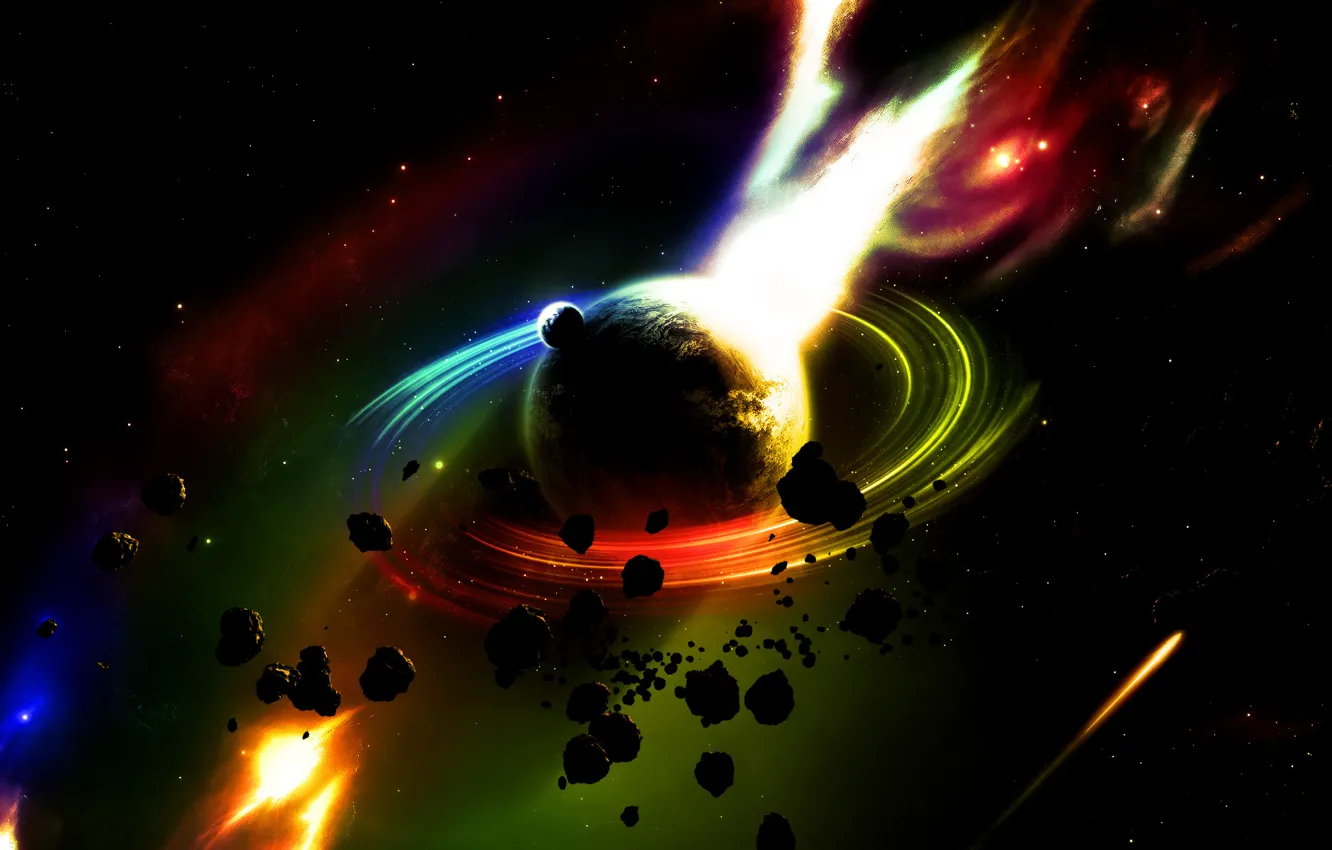Фото обои огонь, метеориты, сатурн