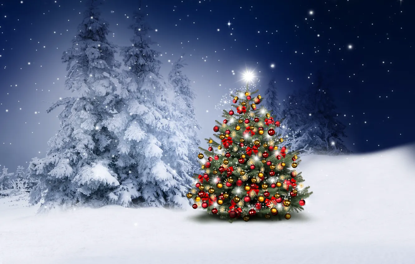 Фото обои зима, снег, украшения, снежинки, шары, елки, Новый Год, Рождество