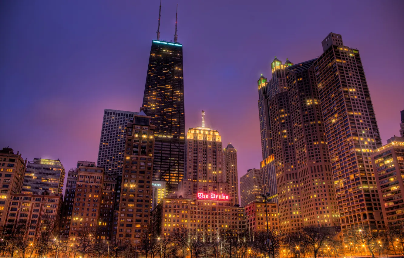 Фото обои город, огни, небоскребы, вечер, Чикаго, Chicago, Canal Trustees