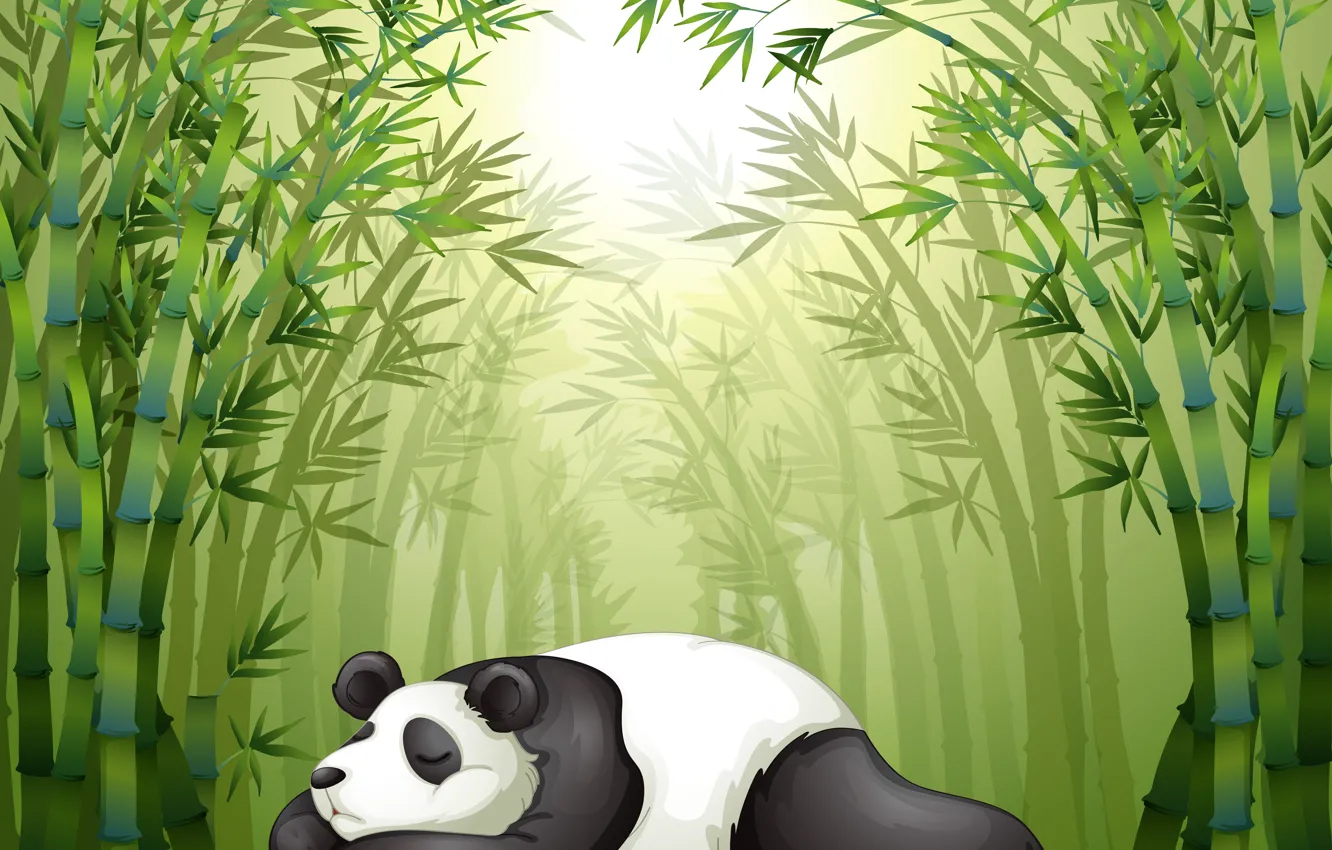 Фото обои отдых, сон, панда, травка, бамбуковые деревья