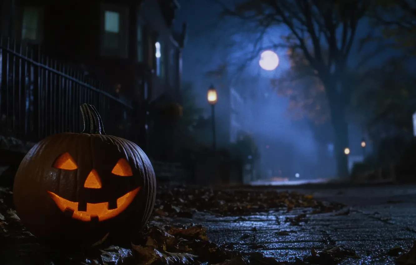 Фото обои Дома, Дорога, Ночь, Луна, Тыква, Halloween, Хэллоуин, Цифровое искусство