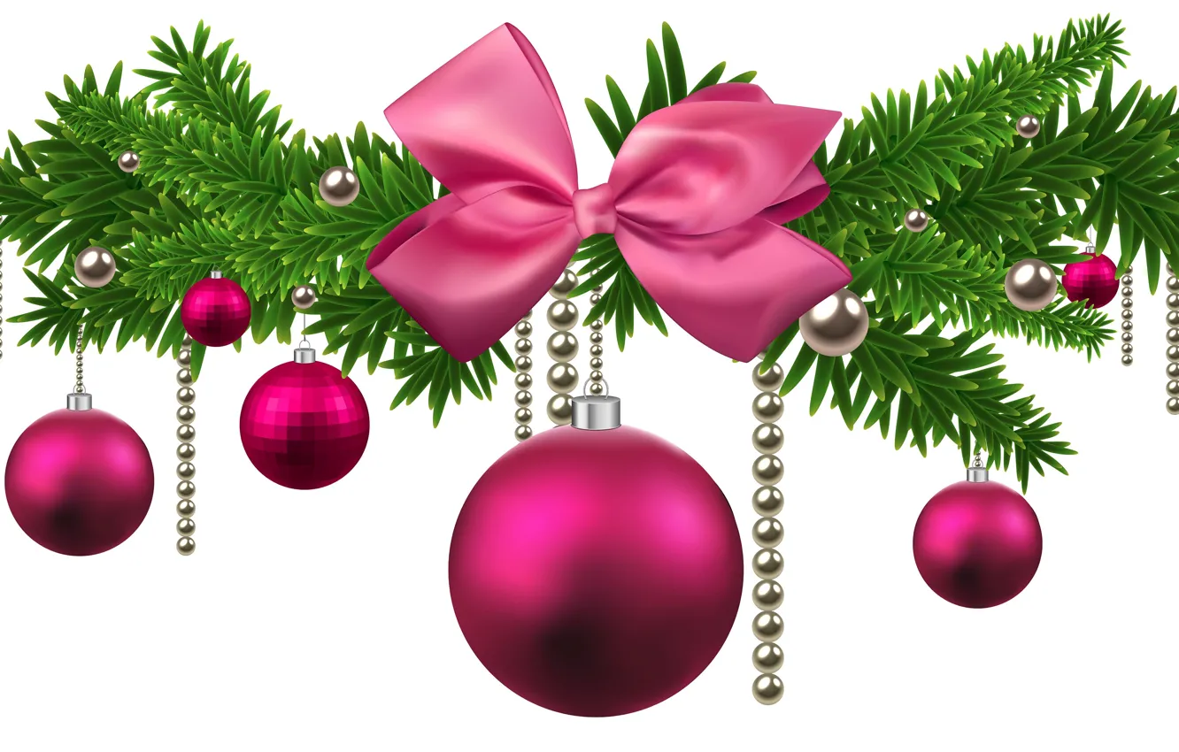 Фото обои шары, елка, Новый год, бусы, украшение, розовые, бант