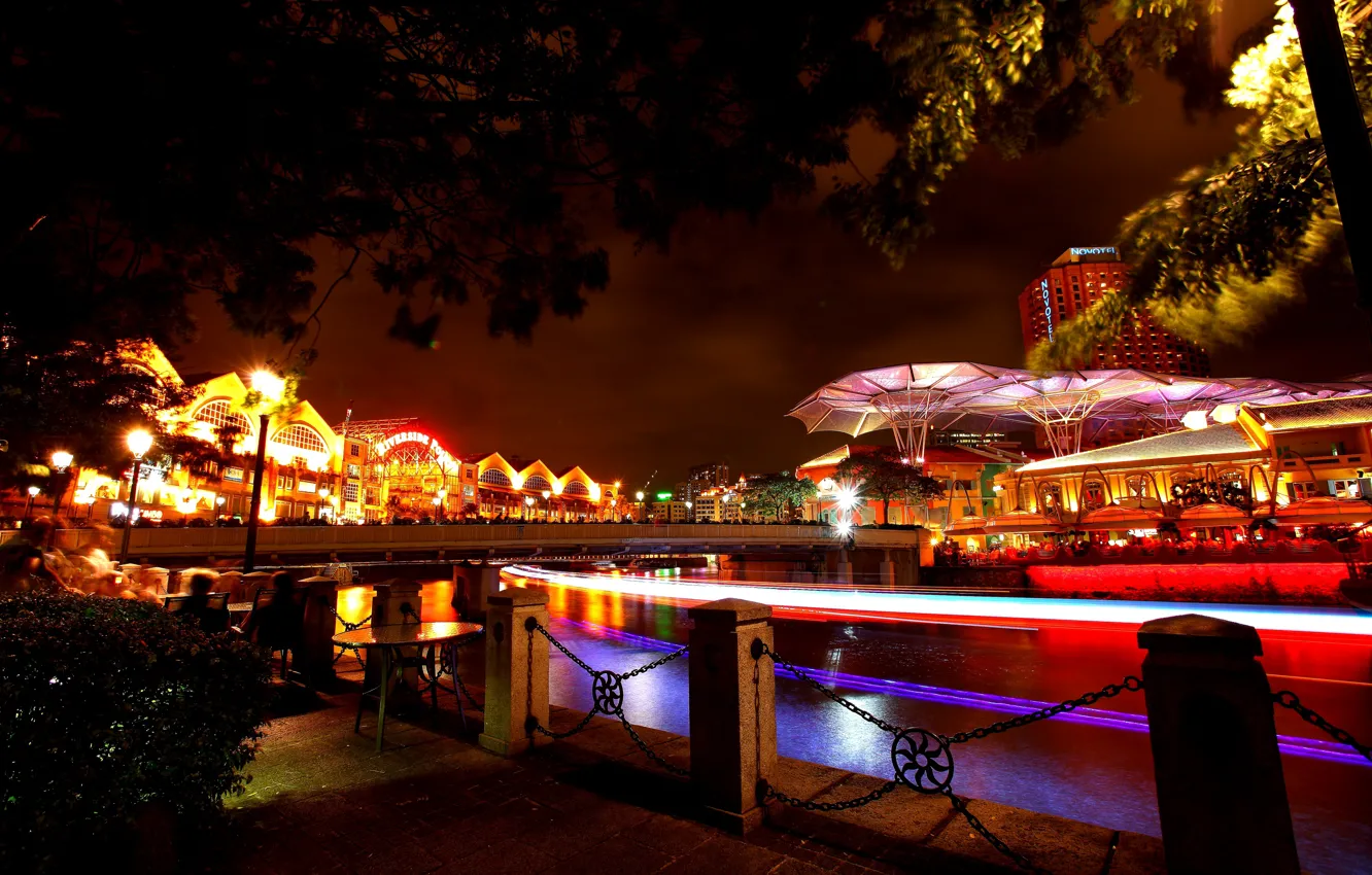 Фото обои ночь, мост, огни, река, дома, фонари, Сингапур, набережная