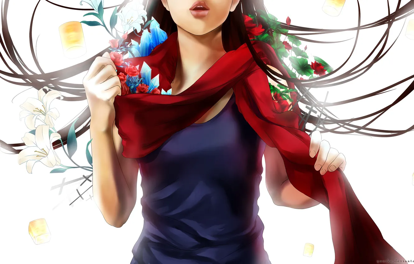 Фото обои листья, девушка, цветы, аниме, шарф, арт, кристаллы, yuuike