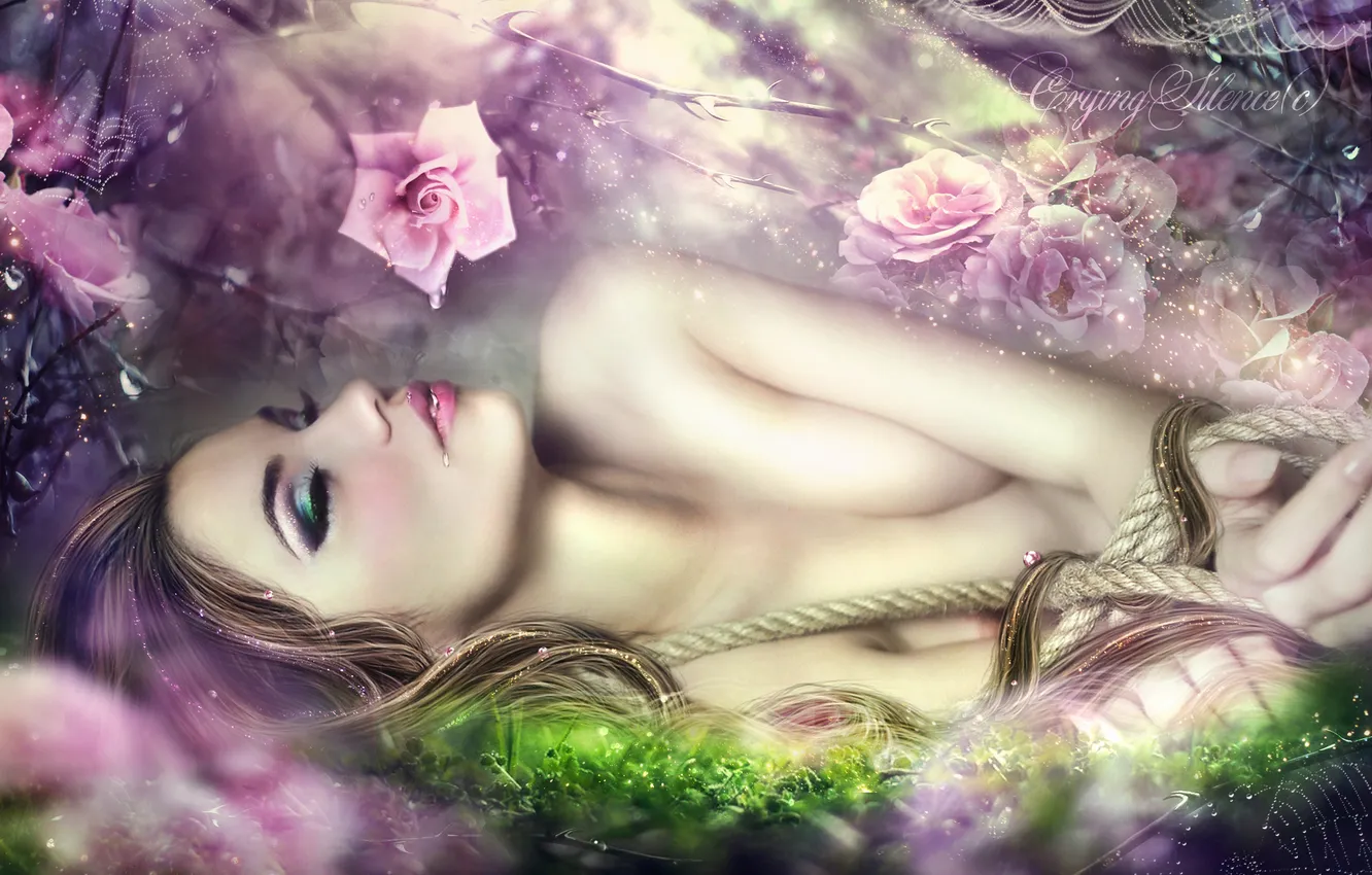 Фото обои трава, девушка, цветы, роса, сон, розы, паутина, веревка