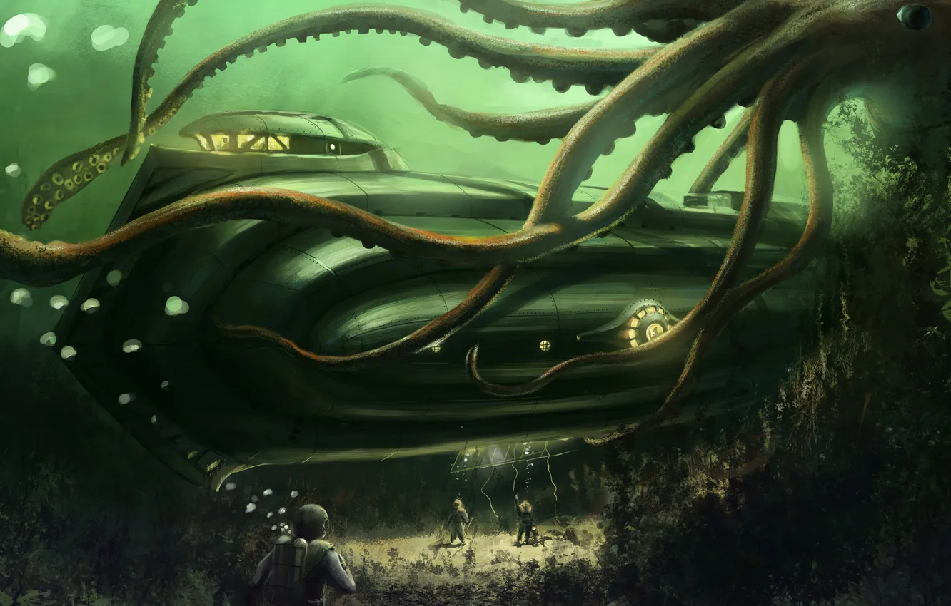 Фото обои водоросли, океан, лодка, дно, осьминог, водолазы, подводная, гигантский