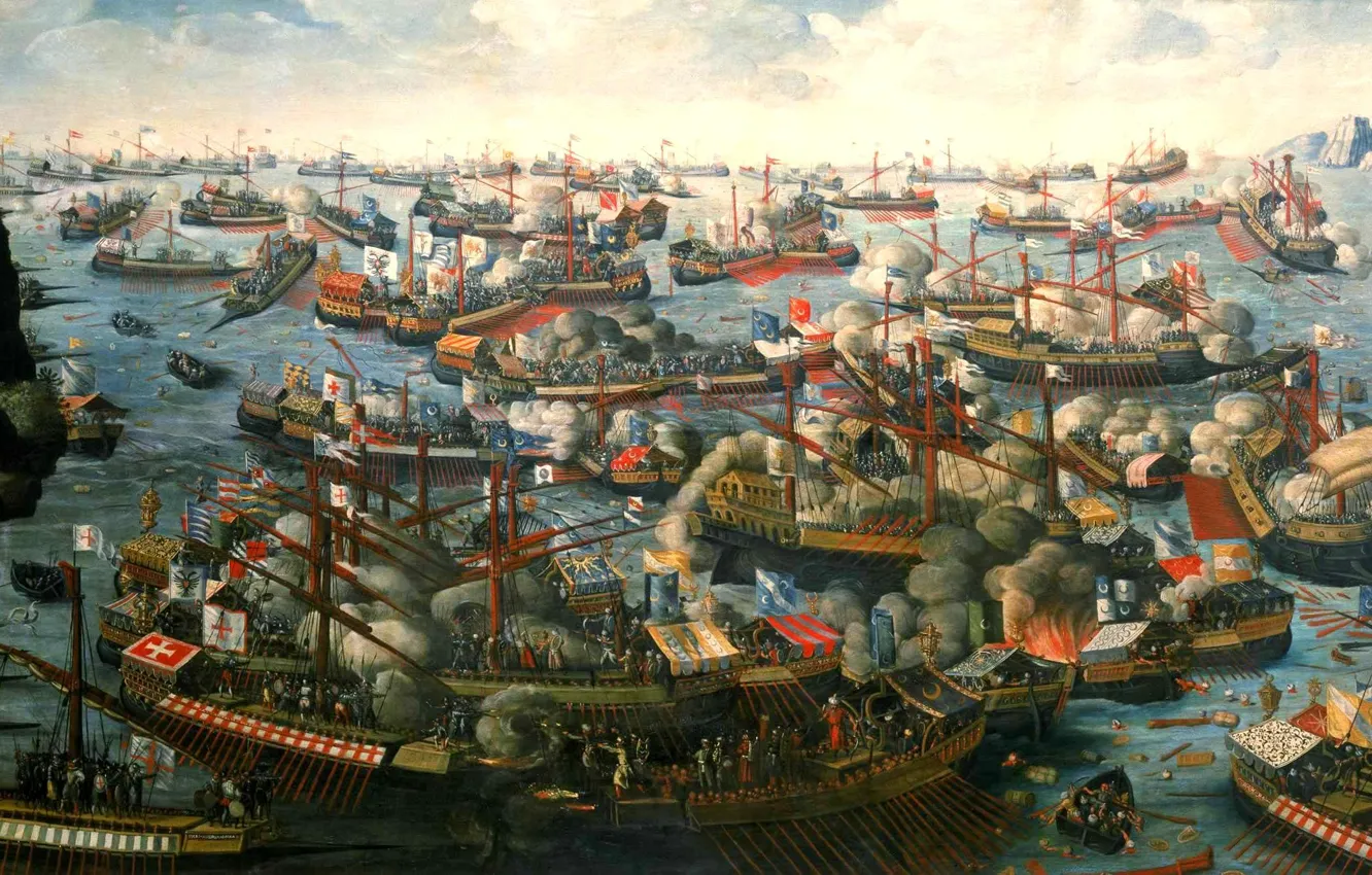 Фото обои масло, картина, холст, морское сражение, мыс Скрофа, Патрасский залив, 7 октября 1571 года, «Битва при …