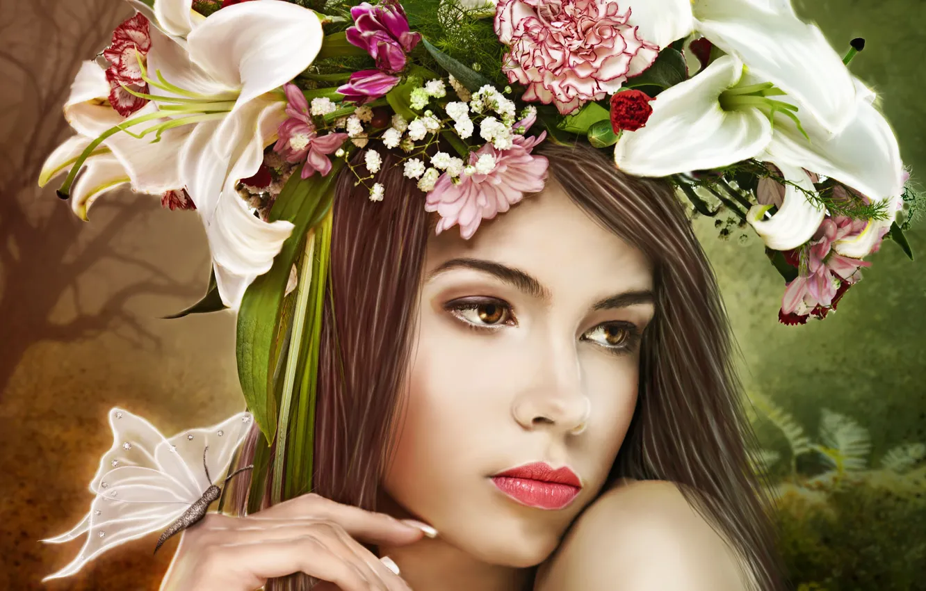 Фото обои взгляд, девушка, цветы, лицо, бабочка, руки, арт, венок
