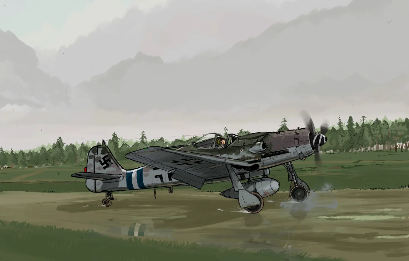 Фото обои рисунок, истребитель, пилот, самолёт, аэродром, взлётная полоса, Вторая мировая война, немецкий