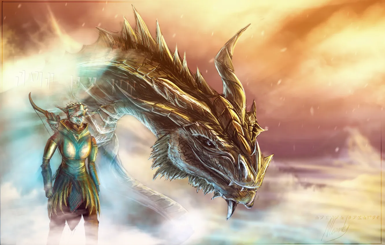 Фото обои дракон, арт, довакин, Skyrim, раса, аргонианин, партурнакс