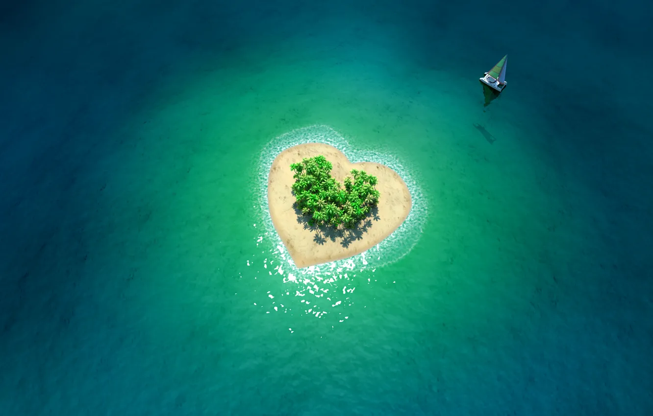 Фото обои океан, лодка, сердце, остров, tropical island in form of heart