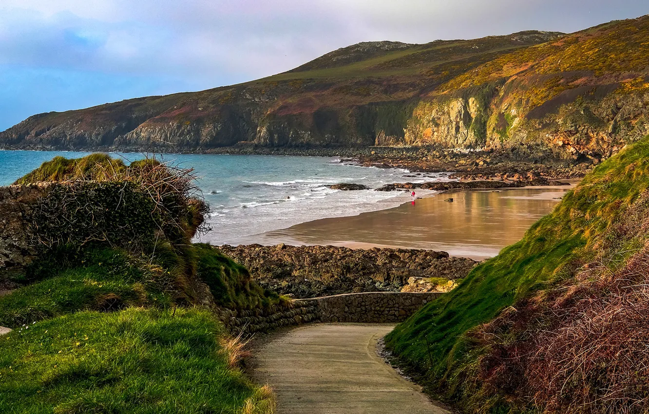 Фото обои дорога, море, пляж, камни, скалы, побережье, Великобритания, Wales