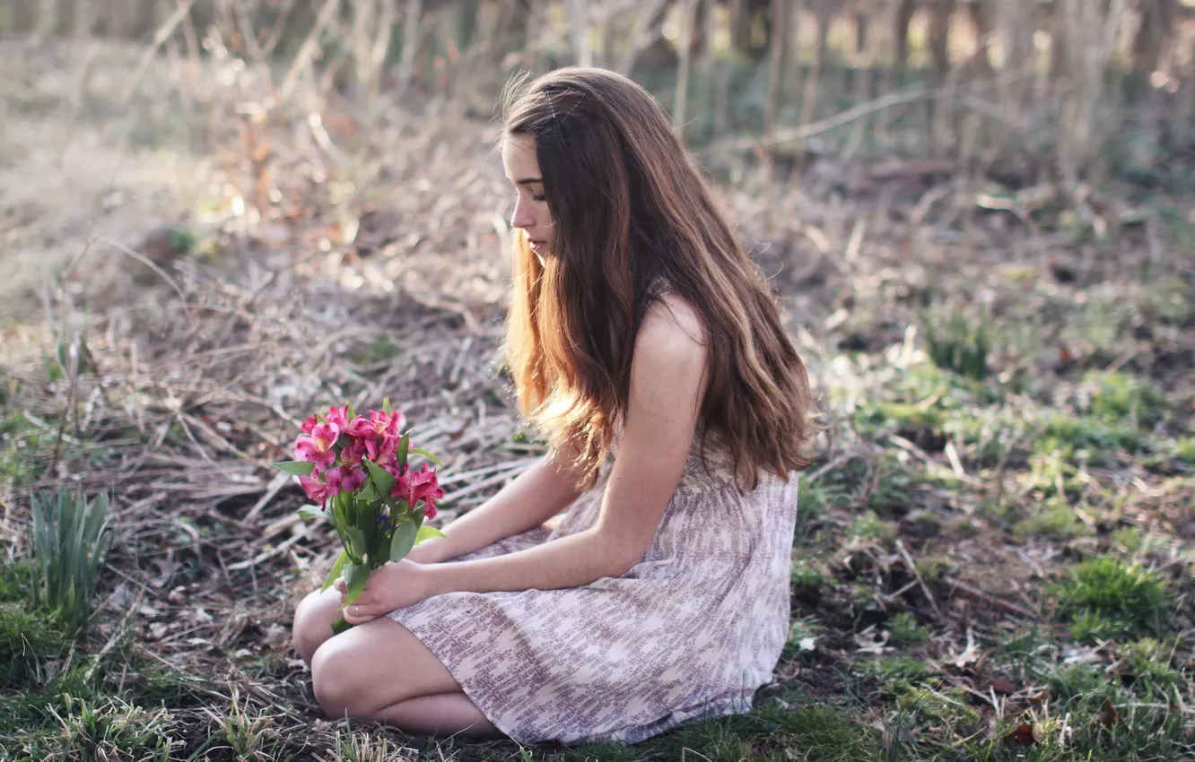 Фото обои поле, цветы, настроение, девочка