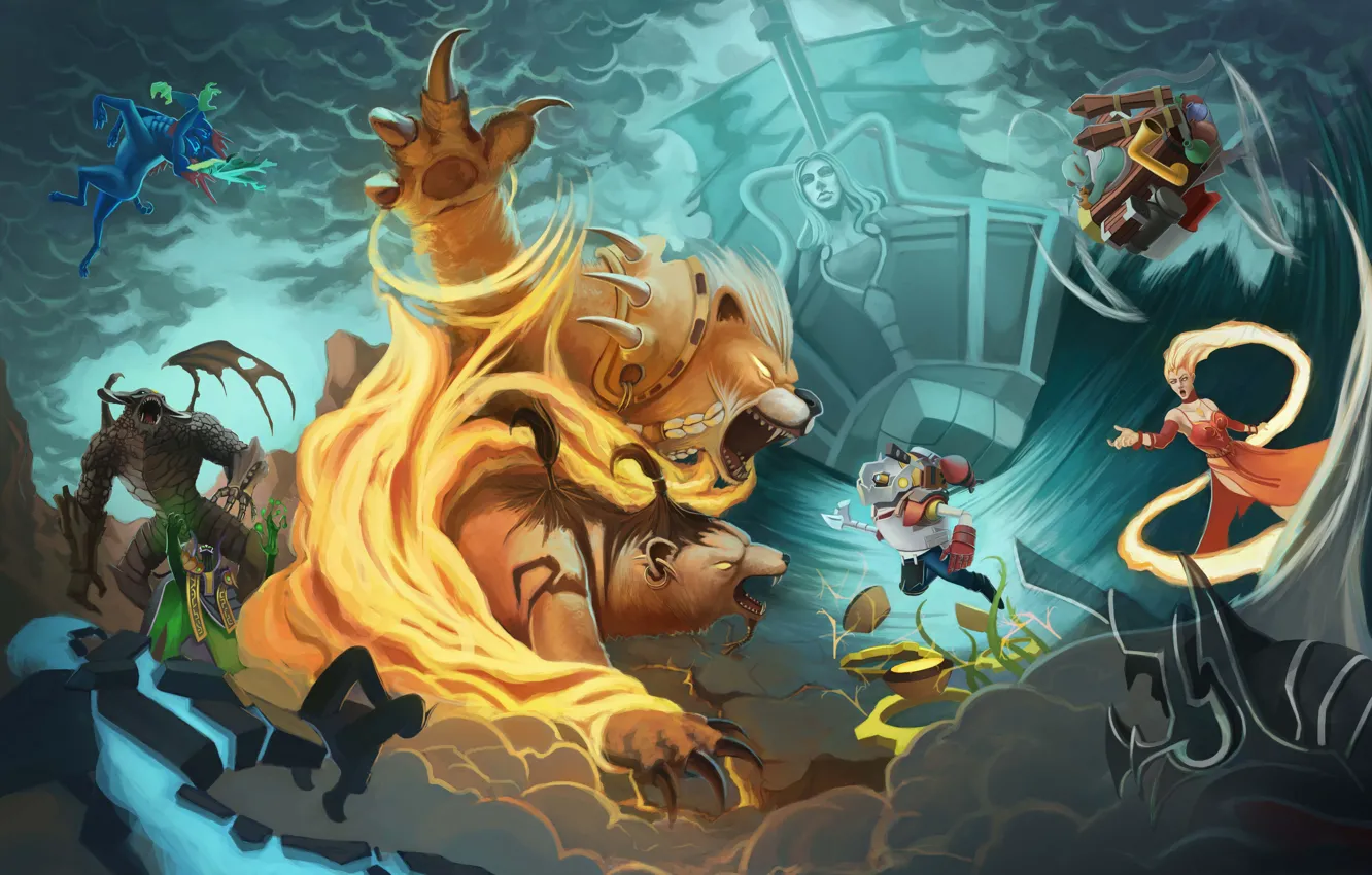 Фото обои Dota 2, Lina, Rubick, Roshan, Leshrac, Gyrocopter, Lone Druid, Kunkka