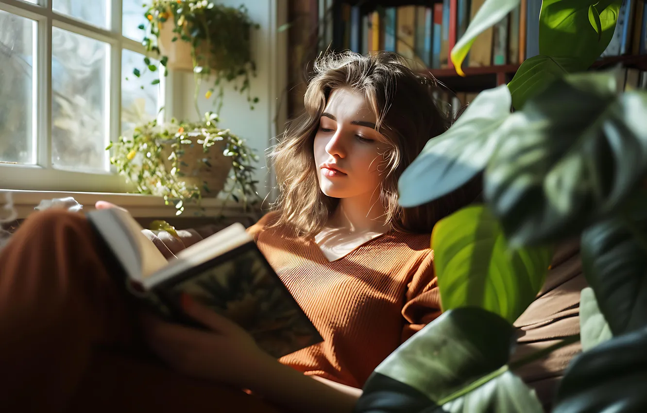 Фото обои листья, девушка, свет, комната, растения, окно, тени, книга