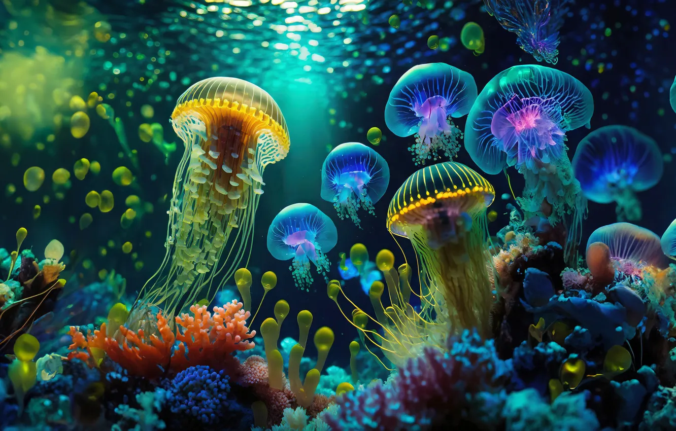 Фото обои море, медуза, кораллы, медузы, подводный мир, под водой, ИИ-арт, нейросеть